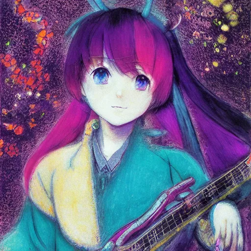 Prompt: A portrait of Vocaloid Hatsune Miku by Marc Chagall, sad, omnious, purple colors, award-winning, highly detailed palette knife oil painting, thick impasto, painterly, autochrome, pinhole, realistic lighting, chiaroscuro, very ethereal, very ethereal, silver color, dark, chiaroscuro, nacre, pastel oil inks, , paint-on-glass painting by