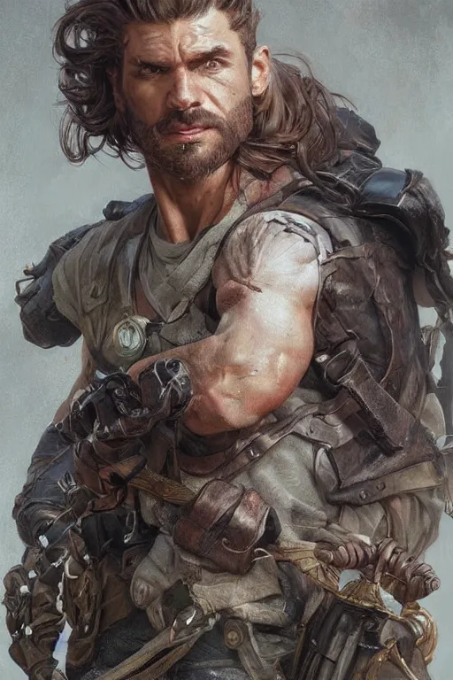 Image similar to portrait of a rugged ranger, muscular, upper body, blood, D&D, fantasy, intricate, elegant, highly detailed, digital painting, artstation, concept art, smooth, sharp focus, illustration, art by artgerm and greg rutkowski and alphonse mucha