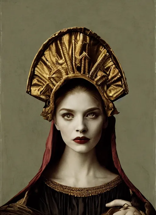 Image similar to portrait of young woman in renaissance dress and renaissance headdress, art by peter lindbergh