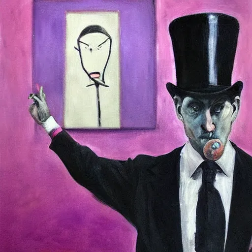 Image similar to in an art gallery, there is a huge painting of an elephant by marlene dumas. a man in a top hat and a suit is looking up at the painting. cgsociety, surrealism, surrealist, dystopian art, purple color scheme