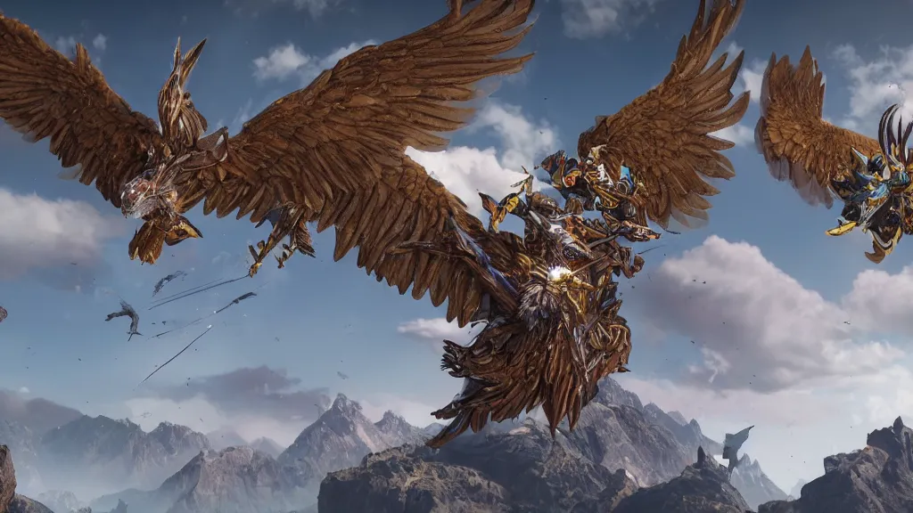 Prompt: a flying ornate slay pulled by griffins, piloted by a wizard, Above the mountains, hyperrealistic, octane