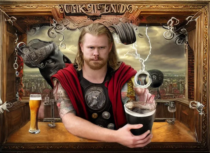 Prompt: thor inside a beer, lowbrow, matte painting, 3 - d highly detailed, in the style of mark ryden,