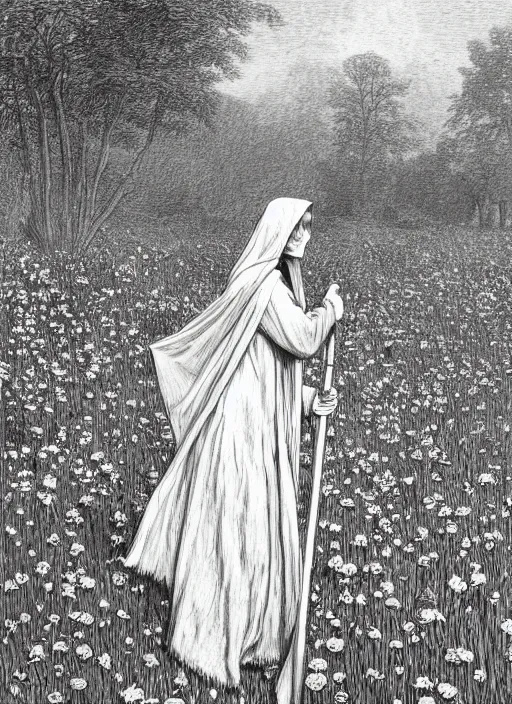 Prompt: faceless grim reaper with veil over face holding scythe at distance in beautiful meadow of flowers, detailed pencil illustration by gustave dore, highly detailed, centered, high resolution, smooth, sharp focus, illustration, 8k