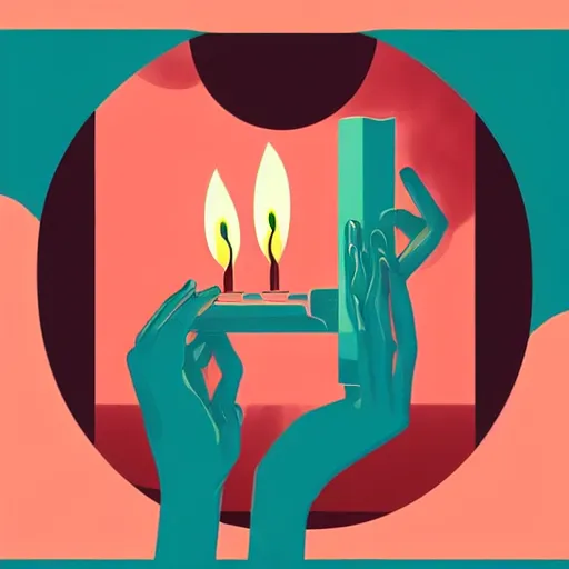 Image similar to illustration with a set of beautiful scented candles by tomer hanuka, an art deco painting by tom whalen, interior, trending on behance, grainy texture, flat shading, vector art, airbrush, pastel, watercolor, poster