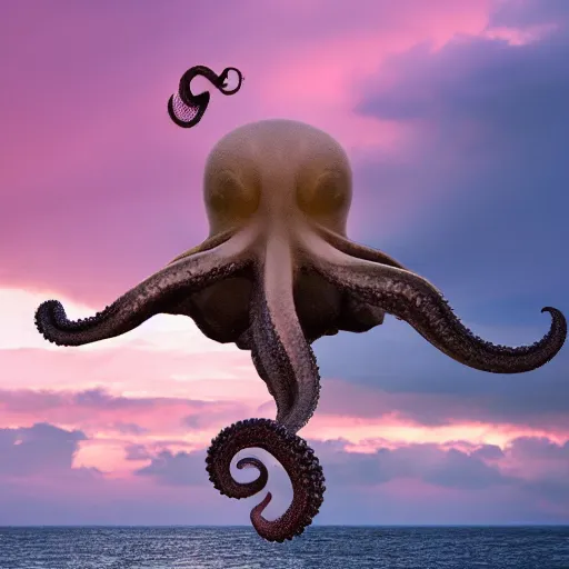 Prompt: colossal octopus flying over a cloudy pink sky, award winning,