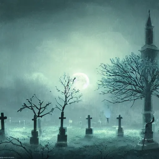 Prompt: a lonely graveyard at night, the moon shine is falling on a specific grave with a sakura tree beneath it, its raining and the atmosphere is oppressive, by aleksandra waliszewska and aoi ogata, high detail concept art, cinematic atmosphere