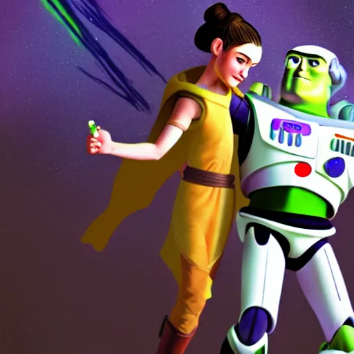 Prompt: rey skywalker holding hands with buzz lightyear, digital art, tending on artstation