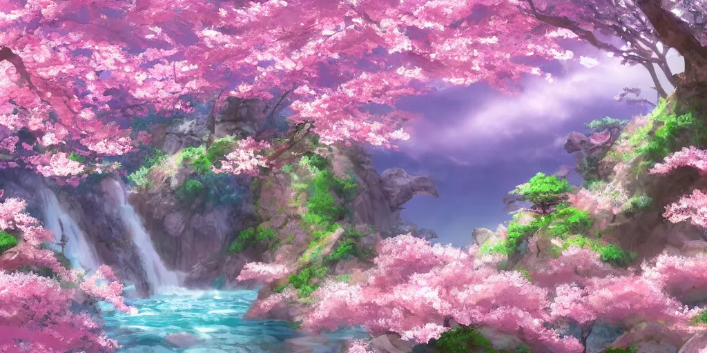 Prompt: a beautiful sakura garden waterfall, ethereal, aesthetic, in the style of studio ghibli and toei, trending on artstationhq