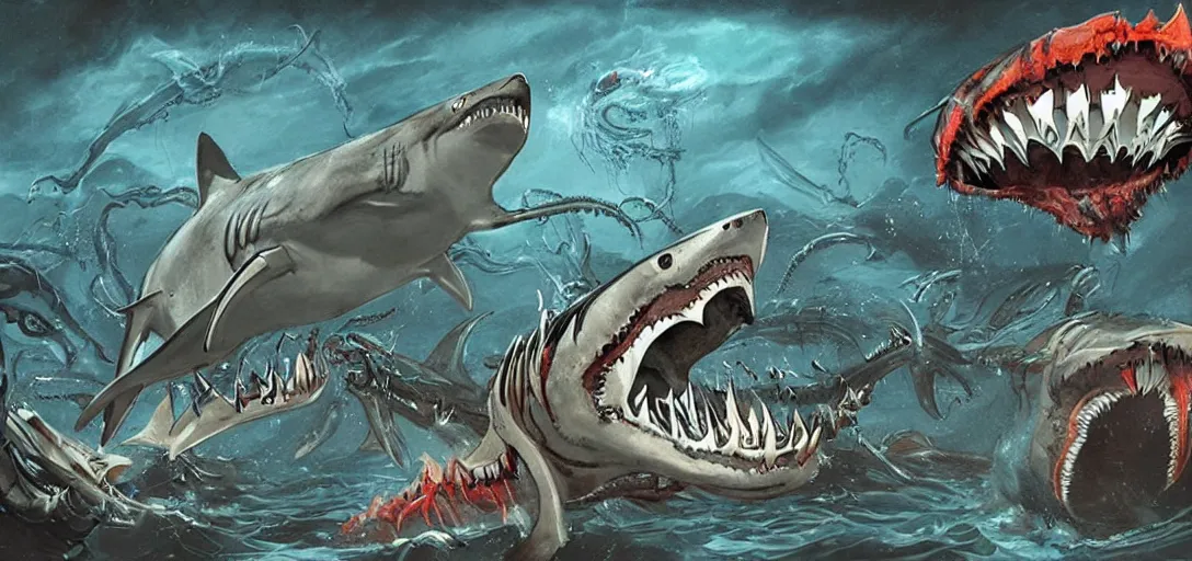 Image similar to concept art of shark attack, lovecraftian, lots of teeth, melting horror, fighting the horrors of the unknown with laser guns