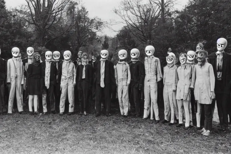 Prompt: vintage photo of slenderman together with a group of students preparing for a class photograph, eerie, bizarre, highly detailed shot, dramatic 8 k uhd