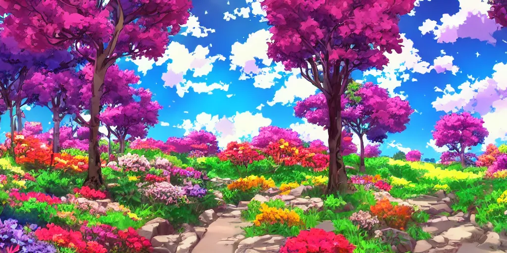 Image similar to a beautiful landscape of multi coloured flowers, trees and bushes. Anime style.