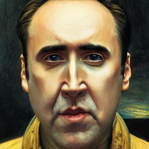 Prompt: Nicolas Cage as an Android, head and shoulders, oil on canvas, golden hour, in the world of Andrew Wyeth, artstation, by J. C. Leyendecker and Peter Paul Rubens,
