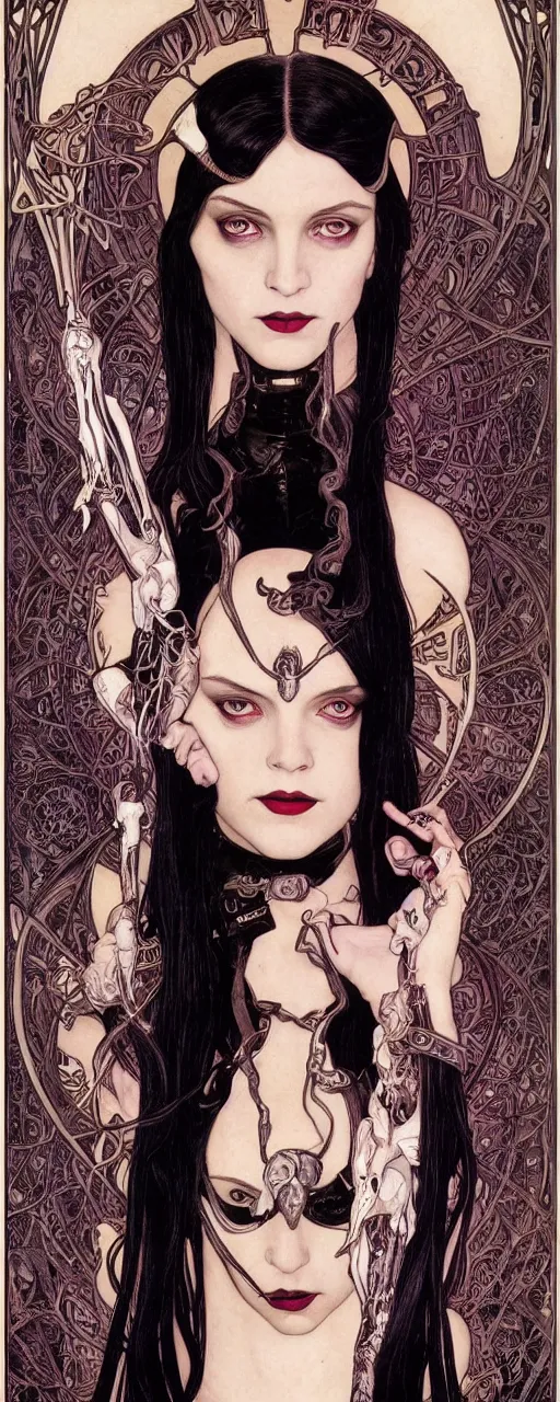 Prompt: striking sensual gorgeous sci - fi art nouveau portrait of wednesday addams as the dark goddess lilith by michael kaluta, chris achilleos and alphonse mucha, photorealism, extremely hyperdetailed, perfect symmetrical facial features, perfect anatomy, ornate declotage, weapons, circuitry, high technical detail, determined expression, piercing gaze