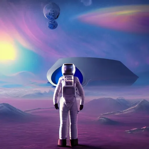 Prompt: a futuristic astronaut walking on an alien psychedelic planet with strange colorful clouds and mountains, 8 k, retro futuristic style