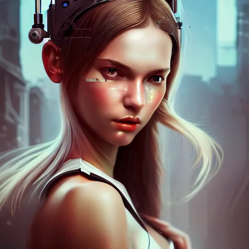 Image similar to portrait of beautiful girl with robot body, close up, portrait, cinematic, elegant, artstation, intricate, highly detailed, digital painting, artstation, concept art, sharp focus, illustration, cyberpunk, cgsociety, 8 k