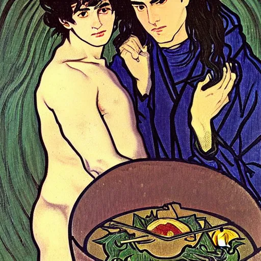 Image similar to painting of young cute handsome beautiful dark medium wavy hair man in his 2 0 s named shadow taehyung and cute handsome beautiful min - jun together at the halloween witchcraft ritual, bubbling cauldron, spells, autumn colors, elegant, modern clothing, soft facial features, delicate facial features, art by alphonse mucha, vincent van gogh, egon schiele