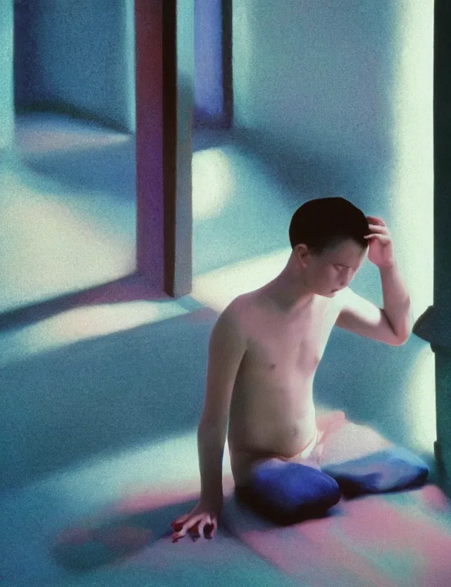 Image similar to boy in dark room praying on kness, blue rays from tv, redshift, colour shift, wide shot, coloured polaroid photograph, pastel, kodak film, hyper real, stunning moody cinematography, by maripol, fallen angels by wong kar - wai, style of suspiria and neon demon, david hockney, detailed, oil on canvas