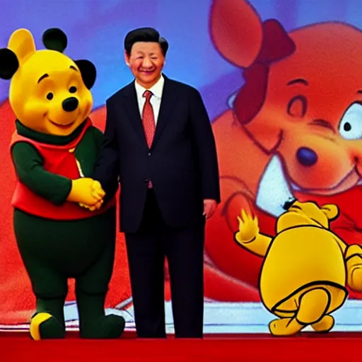 Image similar to winnie the pooh and xi jinping shaking hands in front of press