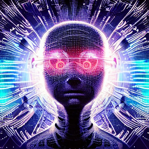 Image similar to an insanely detailed cibernetic artwork of a futuristic artificial intelligence superstar, centered image, with frames made of detailed fractals, octsne render, 4k, insanely detailed, detailed grid as background, cgi