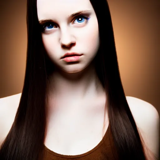 Image similar to beautiful young woman with long straight dark hair, pale skin, brown eyes portrait, photograph, intricate complexity, rule of thirds, dramatic lighting dark background