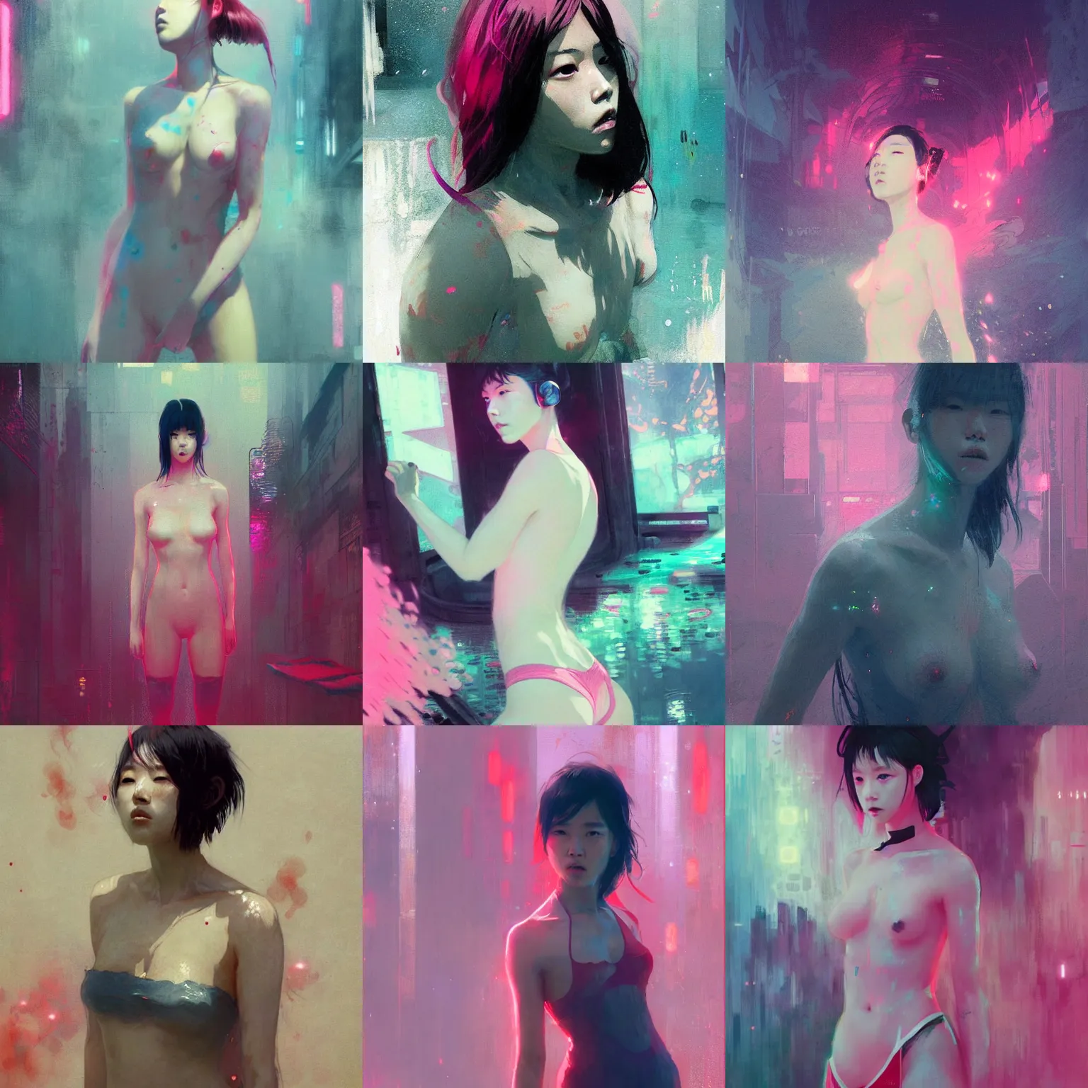 Prompt: lee jin - eun emerging from pink water in cyberpunk theme by greg rutkowski, claude monet, conrad roset, takato yomamoto, rule of thirds, seductive look, beautiful