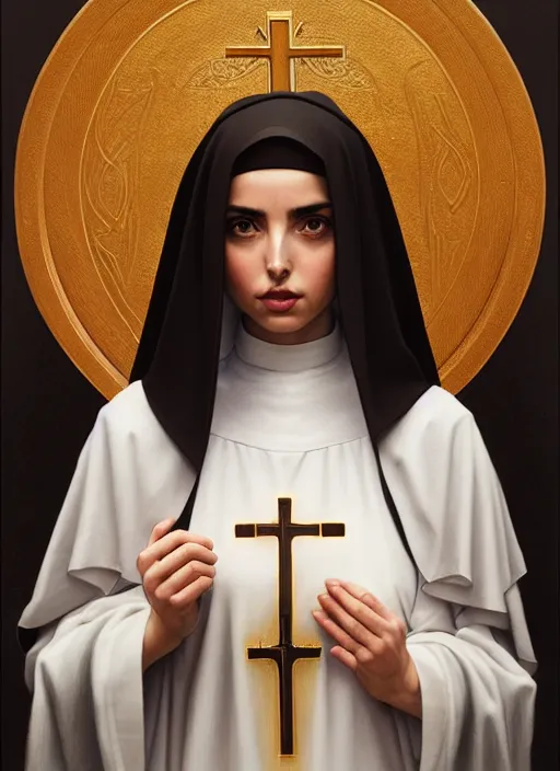 Image similar to portrait of ana de armas as a nun, catholic, church, bible, christian, intrigante, headshot, highly detailed, digital painting, artstation, concept art, sharp focus, cinematic lighting, illustration, art by artgerm and greg rutkowski, alphonse mucha, cgsociety