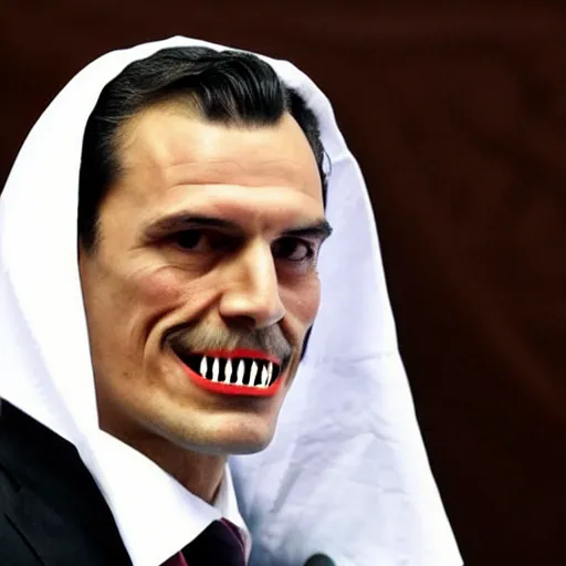 Prompt: pedro sanchez ( president of spain ) dressed as dracula at a press conference