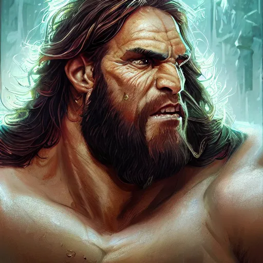 Image similar to clear portrait hulking herculean ogre jesus christ, background hyper detailed, character concept, full body, dynamic pose, glowing lights intricate, elegant, highly detailed, digital painting, artstation, concept art, sharp focus, illustration, van baarle lois and sanderson ruth