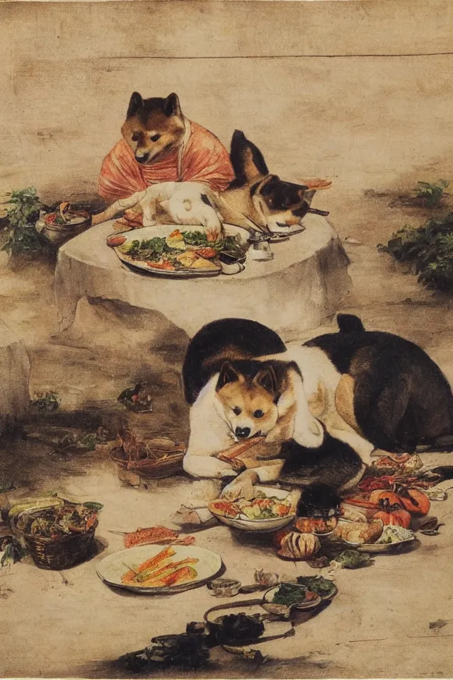 Image similar to a shiba inu eating lunch in colonial - era manila, in the style of juan luna, 8 k, highly detailed, artistic, romanticism art style