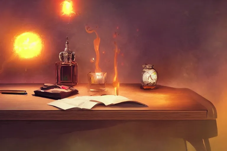 Image similar to office desk with a spilled glowing orange potion, 1 2 th century fantasy photograph, featured on pixiv, magical potion