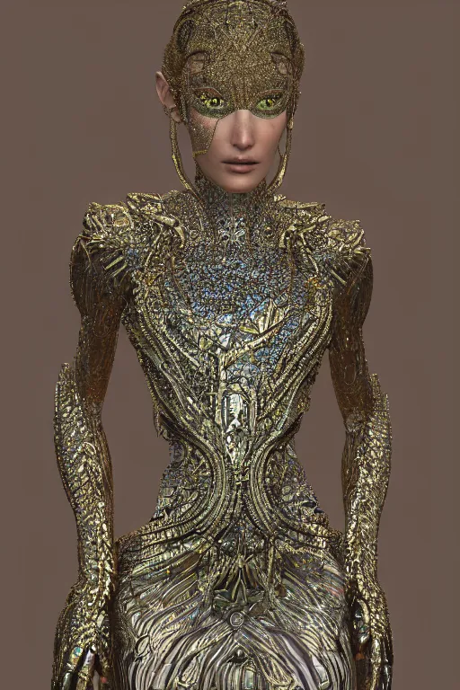 Prompt: a highly detailed metahuman 4 k render photo of an alien goddess bella hadid in iris van herpen dress schiaparelli in diamonds swarovski and jewelry in style of alphonse mucha gustav klimt trending on artstation made in unreal engine 4