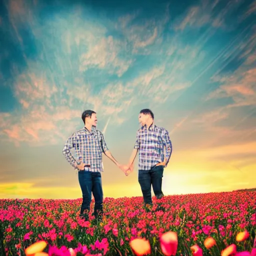 Image similar to a gay couple in their 30s together in a field of flowers at sunset, realistic, intricate, 4k