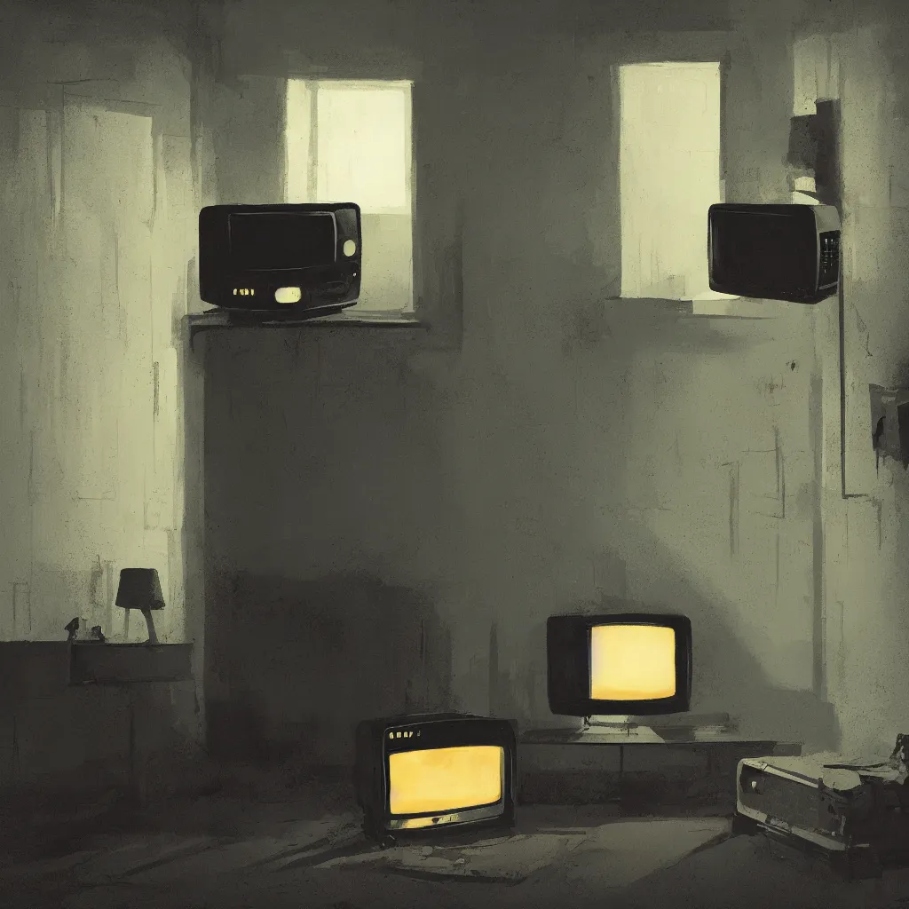 Prompt: a dark black room by night with a vintage tv, the door is nearly closed and thus shines light in a painting from stalenhag, 4 k, 8 k, hdr, artstation, concept art