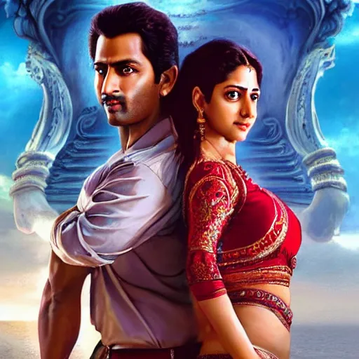 Image similar to perfectly centered bollywood movie promotional poster of anatomically correct hero and heroine romantic pose, faces symmetrical ; real life portrait, ultra realistic, high coherence, intricate, hdr, highly detailed, photorealistic, octane render, 8 k, unreal engine ; art by artgerm, greg rutkowski, charlie bowater, alphonse mucha