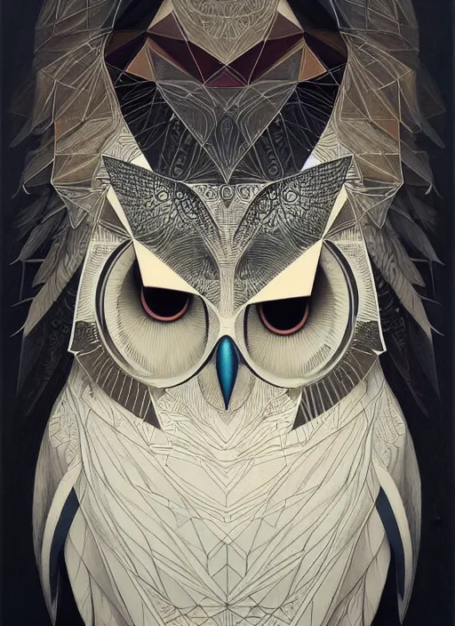 Image similar to portrait of a geometric owl, identical eyes, medium shot, illustration, full body made of white feathers, symmetrical, art stand, super detailed, cinematic lighting, and its detailed and intricate, gorgeous, by peter mohrbacher