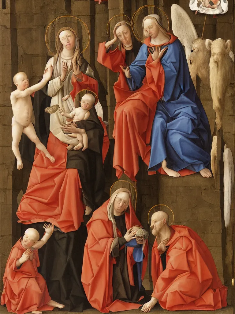 Prompt: a highly realistic oil painting of our lady sitting on her knees with the child god. Saint Anne is also sitting and offers a pear to the child., One bishop and a Franciscan monk appear in the scene adoring the holy family, Painted in the style of Roger van der Weyden