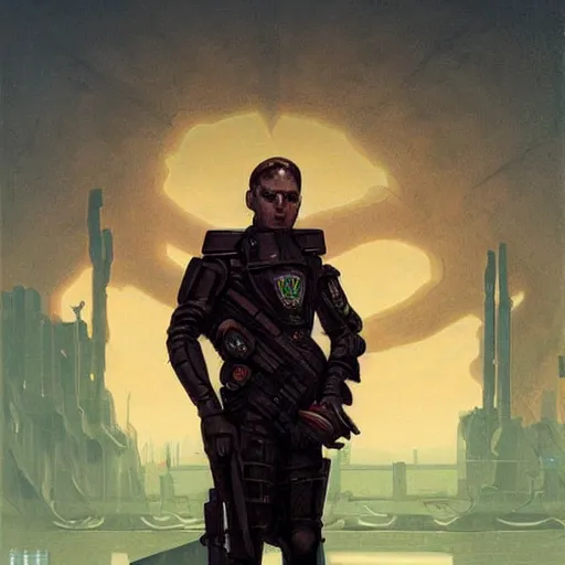 Image similar to portrait of rubbery, gaunt albino mutant with moist skin, sharp features, large lips, huge black eyes and determined expression, wearing fascist Byzantine police uniform and standing on cyberpunk docks, Dune concept art by Anato Finnstark, Alphonse Mucha, and Greg Rutkowski