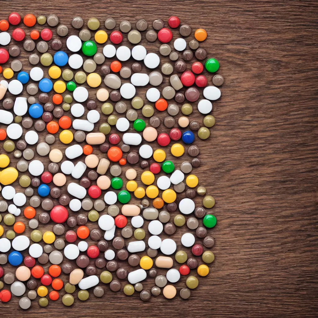 Image similar to top-down view of pills on top of a wooden table, 4k, photorealistic