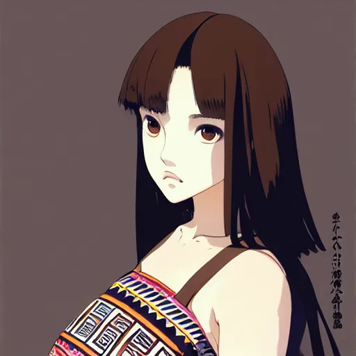 Image similar to a beautiful plus sized model japanese natalie portman, alluring plus sized model with brown skin, wearing mayan leotard with overalls, street fashion hip hop style with mayan patterns, aztec street fashion, gapmoe yandere grimdark, trending on pixiv fanbox, painted by greg rutkowski makoto shinkai takashi takeuchi studio ghibli, akihiko yoshida