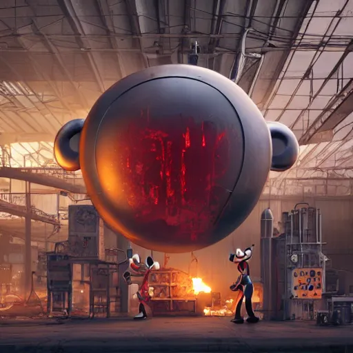 Image similar to a giant mickey mouse head, factory floor, surrounded by factory workers, octane render, cgstation, 3 d render, very detailed, mindblowing, blood and guts, gritty, cyberpunk, cinematic, hyper realism