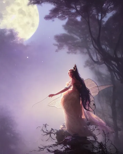 Image similar to a portrait of beautiful fairy goddness fly high in the night, d & d, fantasy, mist, full moon in background, trees, hyper detailed,, midium shot, an oil painting by ruan jia, trending on artstation, concept art, sharp focus, illustration, gaston bussiere, craig mullins, j. c. leyendecker, beautiful lighting