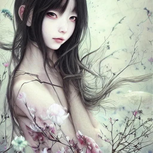 Image similar to 💀👨‍🚀 Portrait by Miho Hirano, Ross Tran and Ilya Kuvshinov, realistic, detailed, white, light pink tonalities, beautiful collage technique including flora, sea, wind, ornate sea background, beautiful Fantasy detailed trending on artstation, oil painting,Dramatic lighting, eterea , high quality print, fine art with subtle redshift rendering