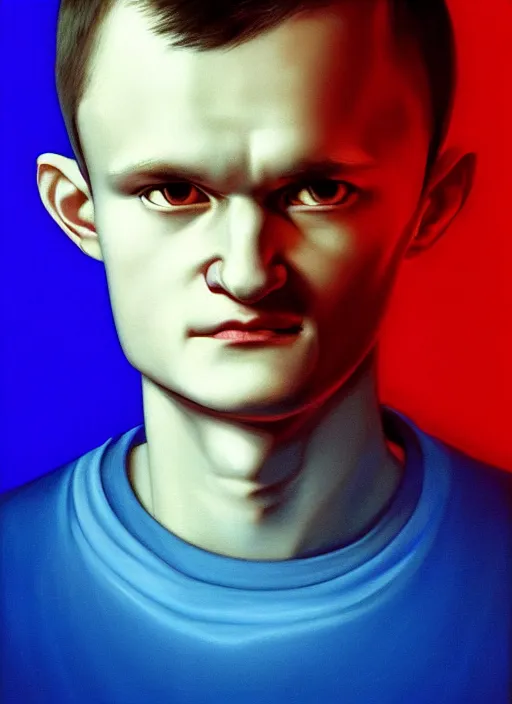 Image similar to vitalik buterin in the style of gottfried helnwein, chiaroscuro intricate composition, blue light by caravaggio, insanely quality, highly detailed, masterpiece, red light, artstation