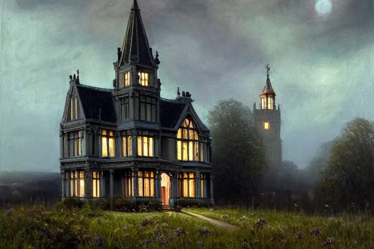 Image similar to a beautiful hyperrealistic painting of a british victorian house with a tower at night, very detailed by andrea kowch and samuel and joseph newsom