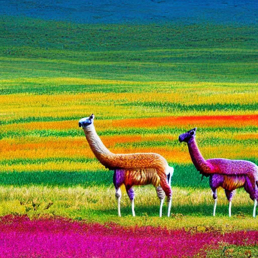 Prompt: psychedelic rainbow colored herd of llamas on a flower covered meadow