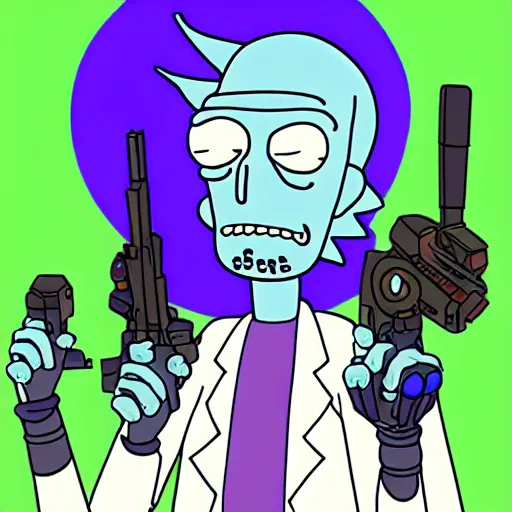 Image similar to portrait of alien rick holding a cybernetic rifle, rick and morty forever and forever a hundred years! g