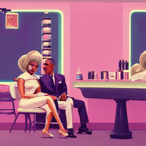 Image similar to 1 9 6 0 s illustration portrait of nicki minaj sitting next to barack obama in a barbershop. cinematic scene. ambient lighting, pastel earth colors, hyper detailed. octane render. concept art. trending on artstation.