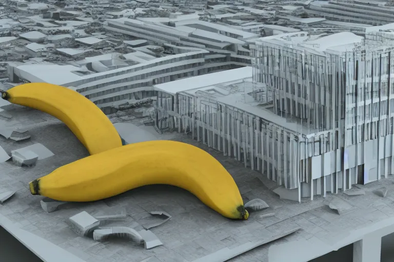 Image similar to architecture concept of a building shaped like a banana, architecture magazine, detailed render