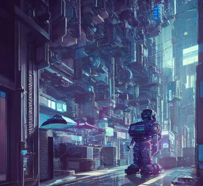 Image similar to hyperrealism stock photography of highly detailed stylish robot in cyberpunk sci - fi style by gragory crewdson and katsuhiro otomo, mike winkelmann with many details by josan gonzalez working at the highly detailed data center by mike winkelmann and laurie greasley hyperrealism photo on dsmc 3 system rendered in blender and octane render