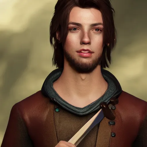 Prompt: a digital art close up portrait of young barnes courtney bard from fantasy world, handsome young man bard with lute character sheet, 4 k, ultra detail, volumetric lighting, unreal engine, octane render